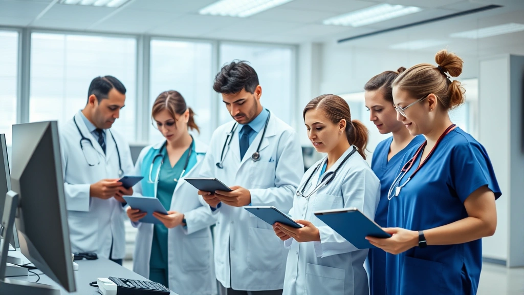 Diverse team of healthcare professionals including doctors and nurses using tablets and workstations to access medical records in modern clinical setting, collaborative environment