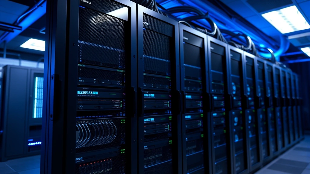 Secure data center with server racks and networking equipment, blue ambient lighting, representing healthcare infrastructure backbone supporting clinical operations