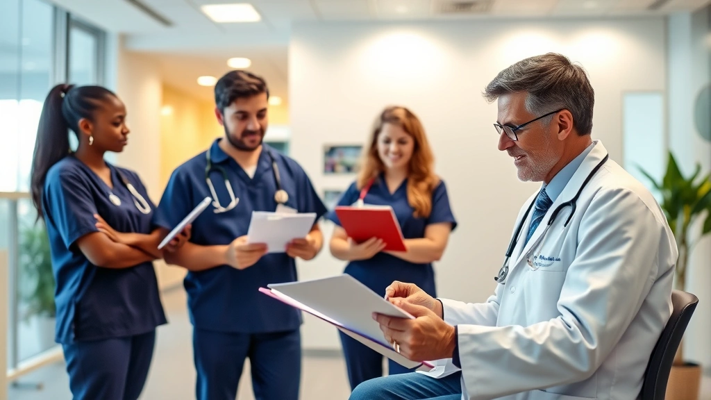 Professional healthcare consultation room with doctor and patient reviewing health records together, warm lighting, modern medical office environment, diverse professionals in scrubs discussing patient care, stethoscope and clipboard visible, building trust and wellness atmosphere