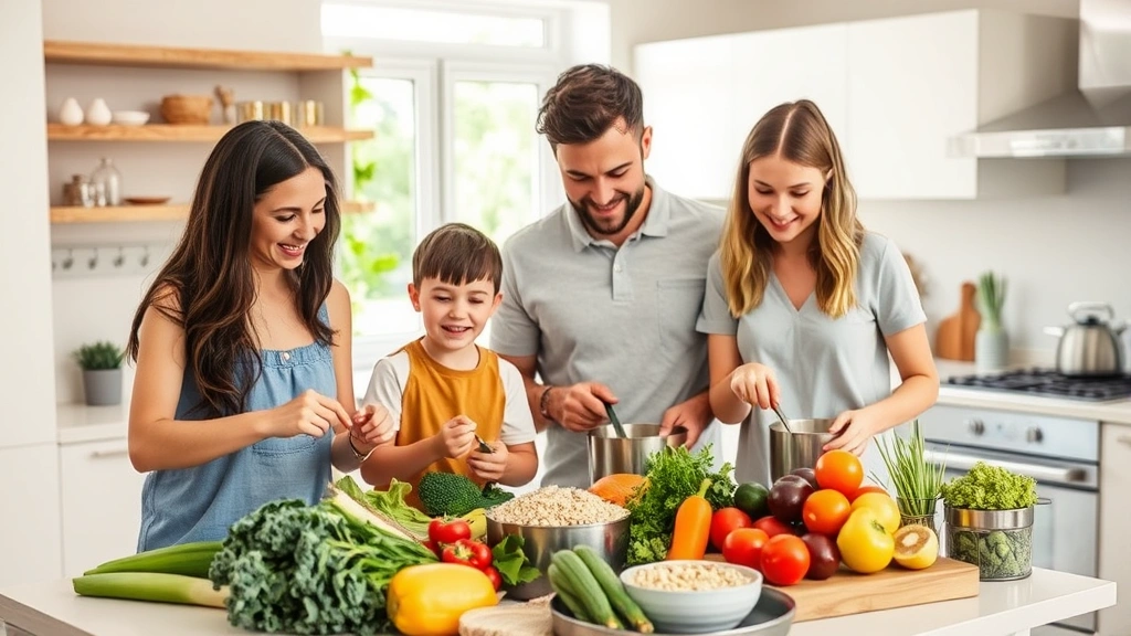 Active family preparing nutritious meal in modern kitchen, fresh vegetables and whole grains on counter, parents and children cooking together, natural window lighting, colorful healthy ingredients, happy expressions showing wellness lifestyle, home setting