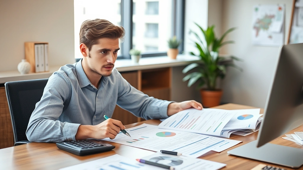 Young professional at desk reviewing financial documents and healthcare insurance papers, calculator and pen nearby, organized workspace with charts and planning documents, focused expression, modern office environment, wealth planning materials visible, natural light from window