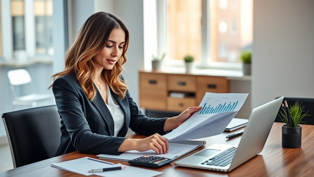 Professional woman reviewing financial documents and investment portfolio at modern home office desk with laptop and calculator, natural lighting, confident expression, wealth planning concept
