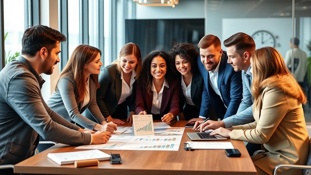 Diverse group of professionals in business casual attire collaborating around conference table with financial charts and growth graphs visible, modern office environment, teamwork and strategy