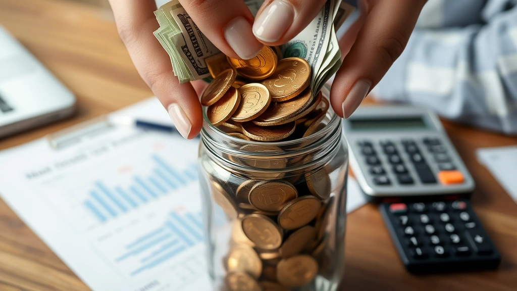 Close-up of hands holding golden coins and bills being placed into glass savings jar on wooden desk, with blurred financial documents and calculator in background, wealth accumulation symbolism