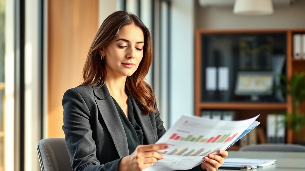 Professional woman in modern office confidently reviewing financial documents and investment portfolio with peaceful, focused expression, natural lighting, warm neutral tones
