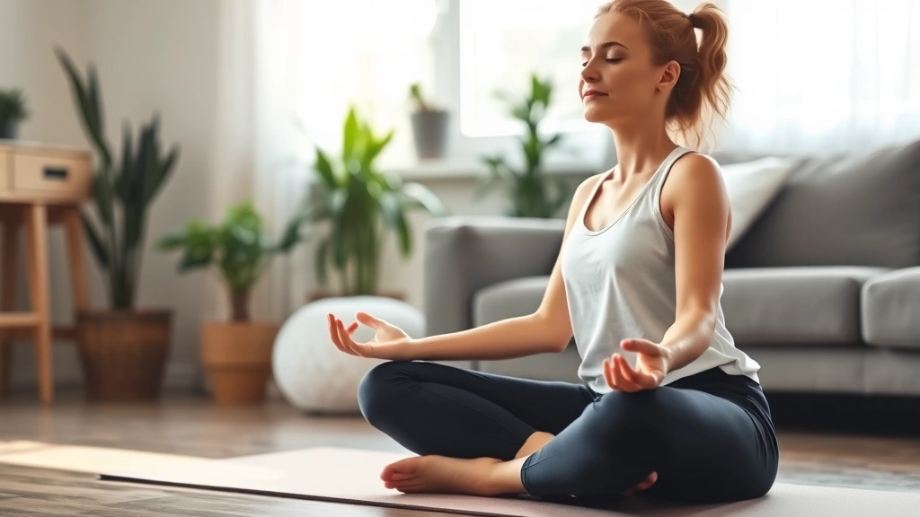 Person in comfortable home setting meditating peacefully on yoga mat with plants and soft natural light, demonstrating mental wellness and stress management