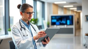 Professional healthcare administrator reviewing patient data on tablet in modern medical office, focused expression, natural lighting from office windows