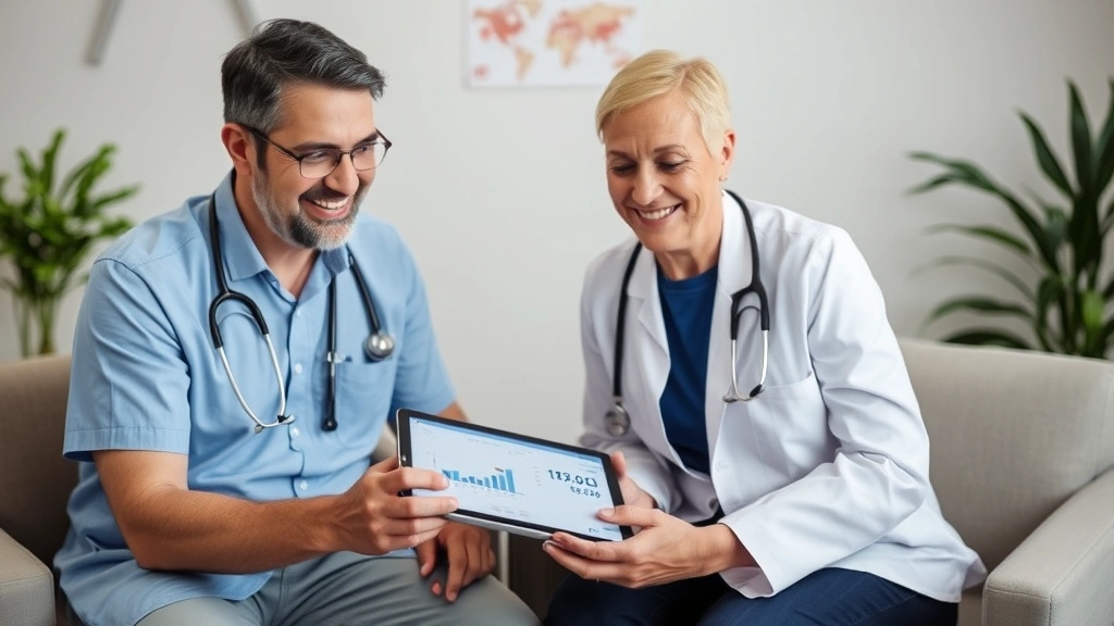 Patient in consultation room reviewing healthcare cost estimate on tablet with healthcare provider, both smiling, showing financial transparency and trust