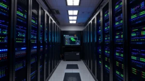 Professional data center with server racks illuminated by blue and green indicator lights, showing healthy system status displays and monitoring screens in background