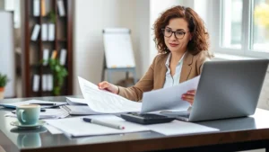 Professional woman reviewing health insurance documents at desk with laptop, organized financial papers, calculator, and coffee cup, bright office environment, natural lighting, confident expression analyzing coverage options