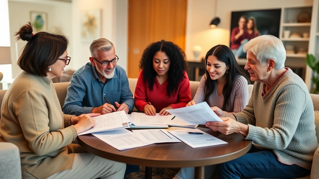 Diverse family sitting together reviewing healthcare plan documents in modern living room, papers spread on table, discussing costs and benefits, warm lighting, engaged conversation, multiple generations