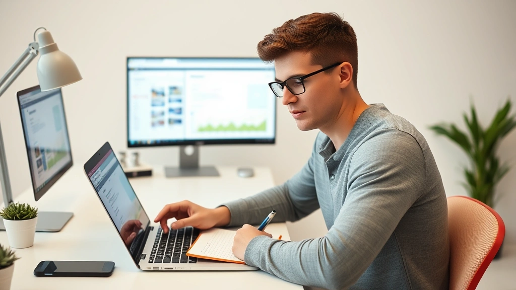 Young professional comparing insurance plans on laptop with notebook and pen, sitting at clean desk, multiple browser tabs open for research, thoughtful expression evaluating options and costs
