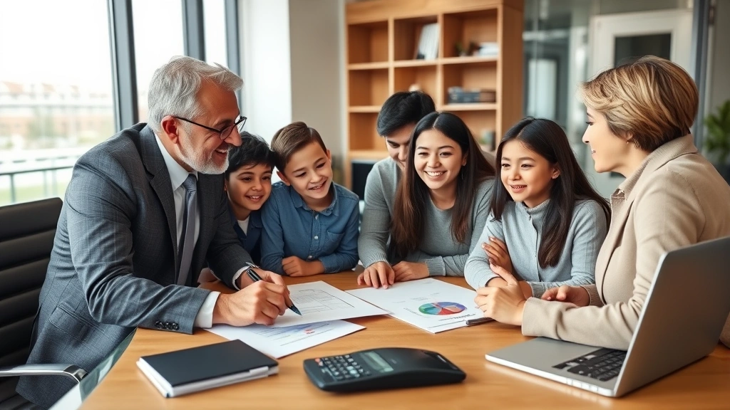 Professional financial advisor meeting with diverse family in modern office, reviewing documents and discussing investment strategy on desk with calculator and laptop visible