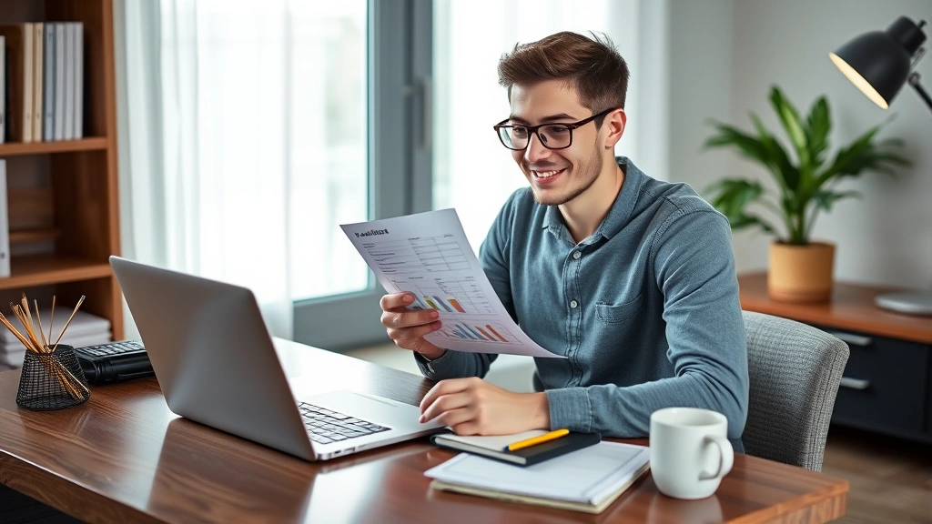 Young professional managing personal finances, sitting at home desk with laptop, notebook, and coffee, reviewing budget spreadsheet with satisfied expression