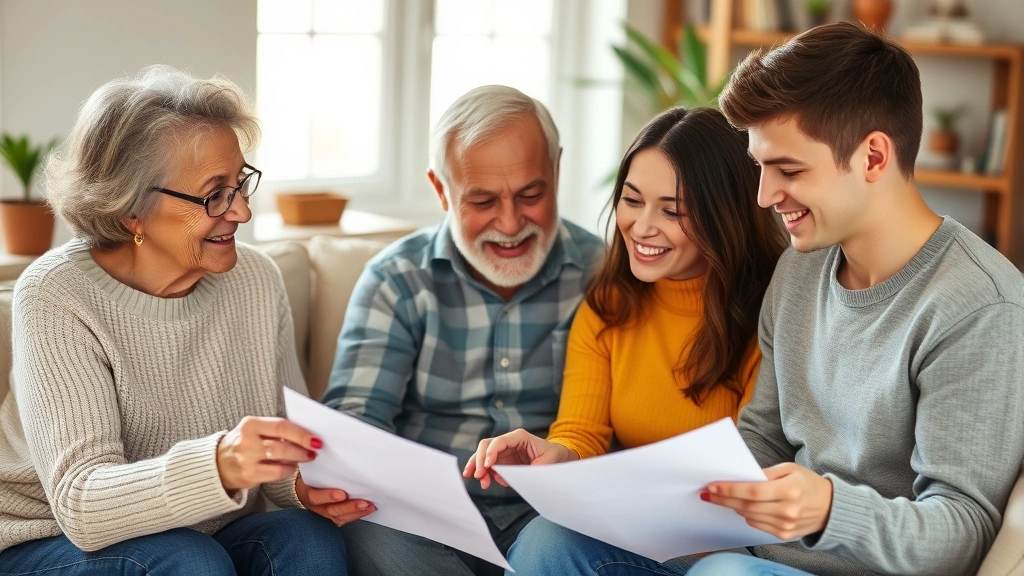 Multi-generational family discussing finances together in comfortable living room, grandparent, parent, and young adult looking at documents and smiling, warm natural lighting