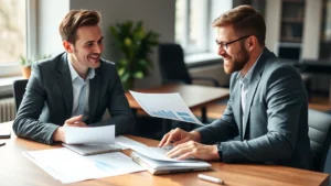 Professional financial advisor reviewing investment portfolio with confident client in modern office, natural lighting, papers and laptop on desk showing growth charts