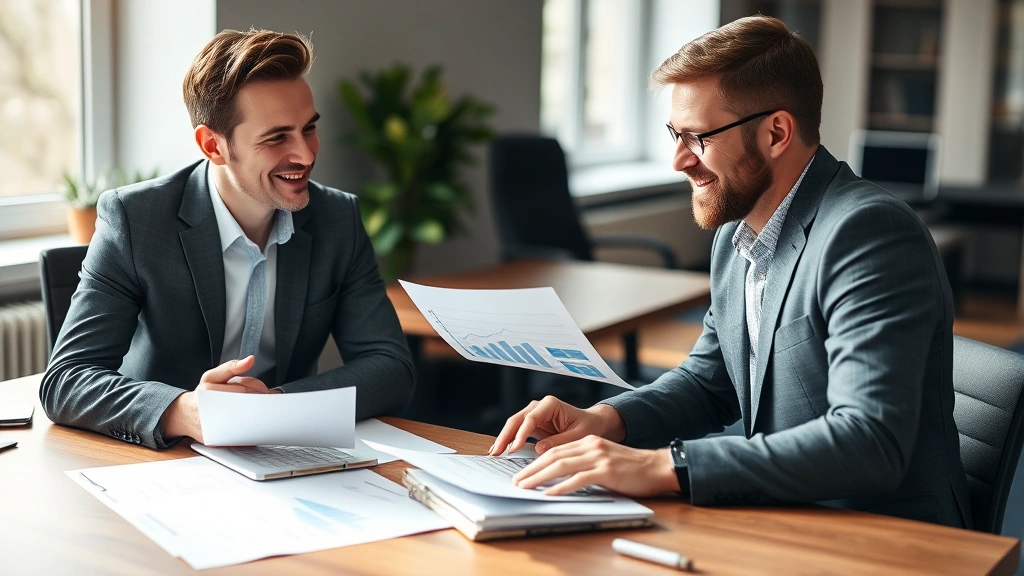 Professional financial advisor reviewing investment portfolio with confident client in modern office, natural lighting, papers and laptop on desk showing growth charts