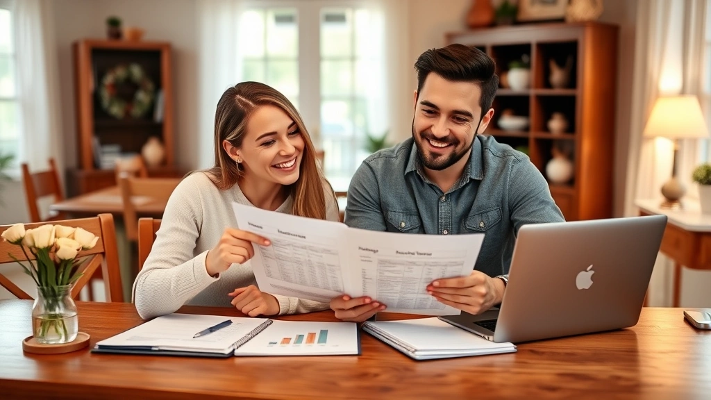 Young professional couple reviewing monthly budget together at dining table with laptop and notebook, warm home setting, smiling and pointing at financial planning documents