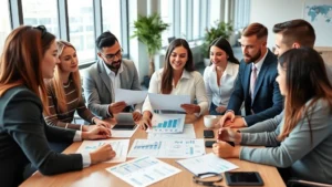 Diverse group of professionals in business casual clothing sitting around a table in a modern office, reviewing financial documents and charts together, engaged in collaborative discussion about investment strategy