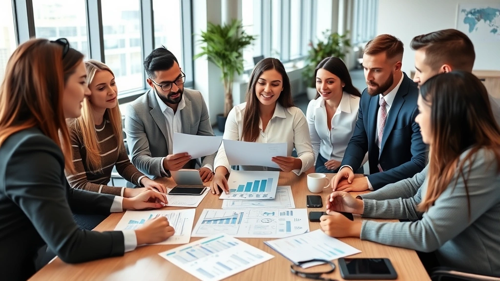 Diverse group of professionals in business casual clothing sitting around a table in a modern office, reviewing financial documents and charts together, engaged in collaborative discussion about investment strategy