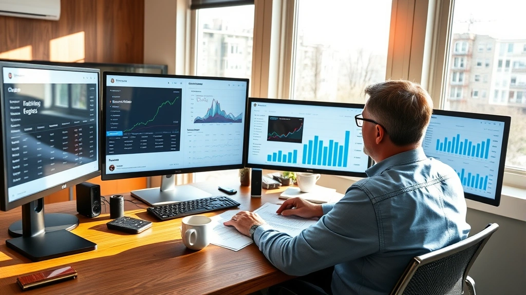 Person sitting at a wooden desk with multiple monitors displaying investment portfolios and financial dashboards, natural sunlight streaming through windows, holding a cup of coffee while reviewing quarterly reports