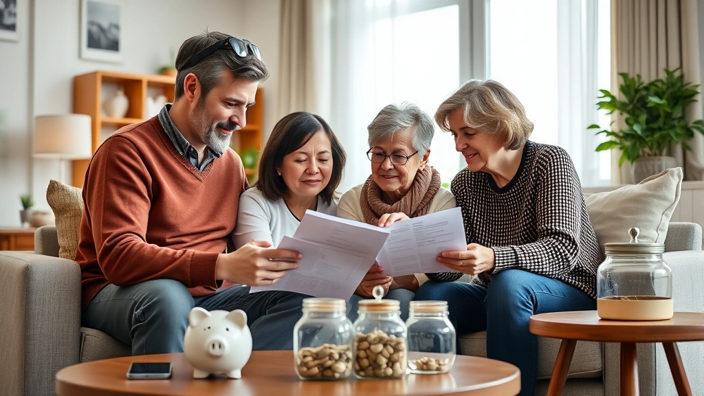 Multi-generational family gathered in a bright living room, adult and young adult reviewing documents together on a tablet, piggy bank and savings jars visible on the side table, warm and supportive atmosphere