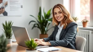 Professional woman sitting at desk using laptop with secure login screen displayed, modern office environment with plants, natural lighting from window, confident expression, healthcare-related background elements subtle