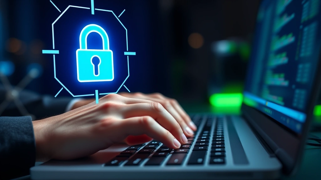 Close-up of hands typing password on keyboard with security padlock icon glowing above, cybersecurity theme, modern computer setup, blue and green security lighting, professional office desk