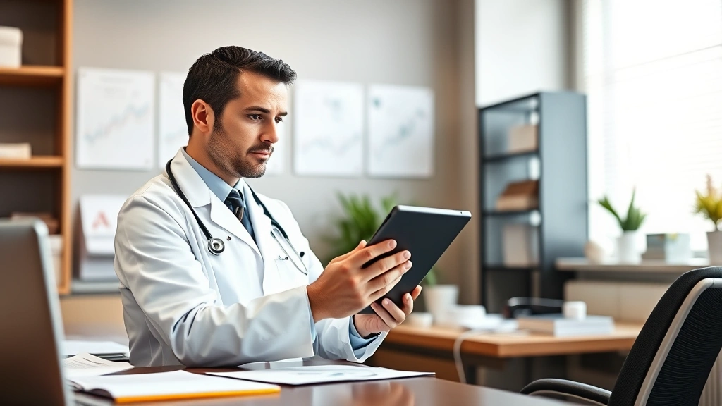 Male healthcare professional in white coat reviewing patient information on tablet device, modern clinic office setting, organized desk with medical charts, warm professional lighting, focused concentration