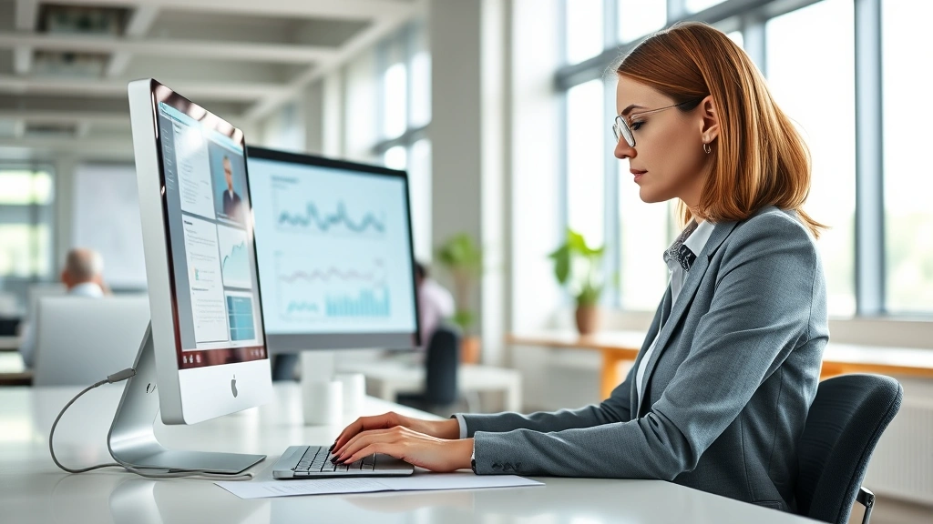 Professional woman in business casual attire working at laptop in bright, modern office space, reviewing healthcare documents and data on computer screen, natural daylight from windows