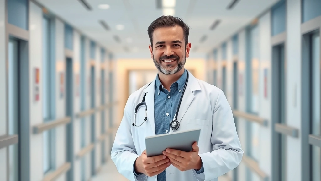 Mature healthcare professional in white coat standing in modern clinic hallway with tablet device, confident expression, contemporary medical facility background with clean design