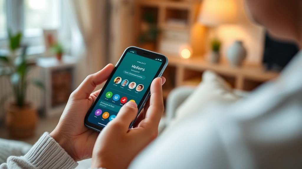Close-up of hands holding smartphone displaying mobile health app interface, person in comfortable home setting, warm lighting, wellness-focused environment