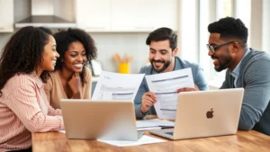 Professional diverse family reviewing health insurance documents together at modern kitchen table with laptop and paperwork, warm natural lighting, confident expressions showing financial planning discussion