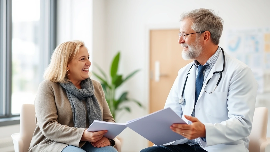 Healthcare professional in white coat consulting with patient in bright modern clinic office, both smiling, charts and health records visible, representing quality provider care and accessibility