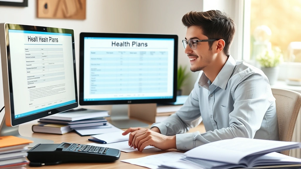 Young professional at desk reviewing health plan options on computer screen, surrounded by organized financial documents and calculator, natural window light, focused and satisfied expression