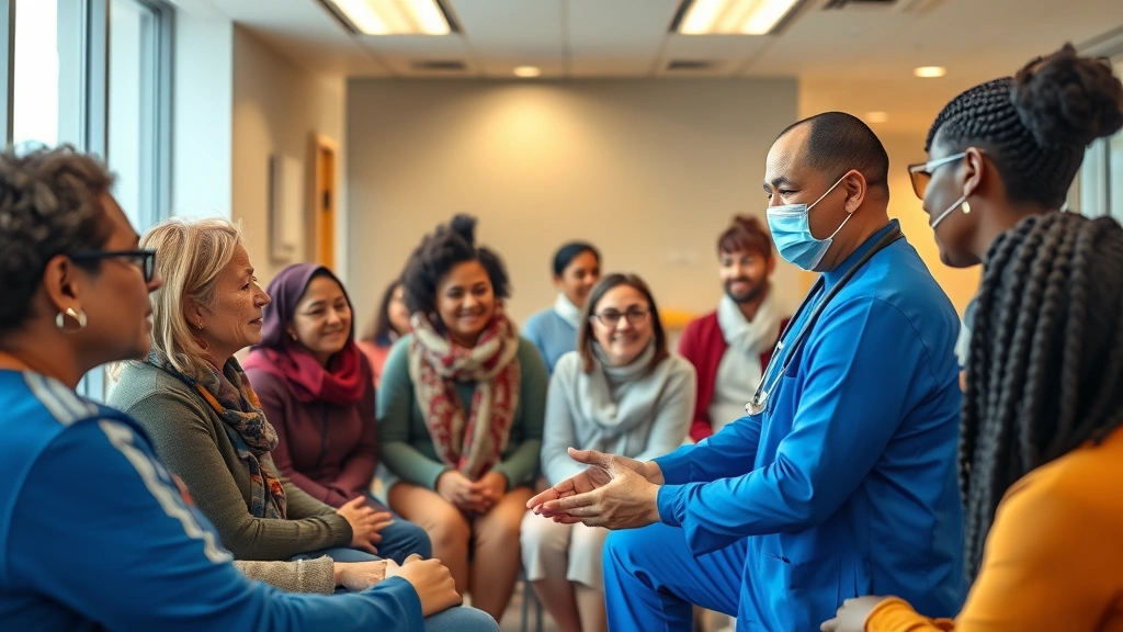 Professional community health worker conducting health education session with diverse group of community members in modern health center, warm lighting, genuine engagement and interaction