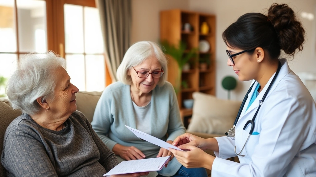 Experienced CHW performing home visit assessment with elderly patient in comfortable residential setting, showing compassionate care and documentation, natural daylight through windows