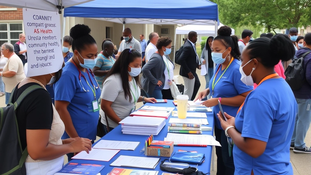 Team of community health workers at community health fair providing health screenings and education to residents, diverse staff and visitors, outdoor community setting with health resources visible