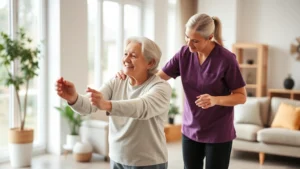 Professional caregiver assisting elderly woman with physical therapy exercises in bright, modern home setting with large windows and comfortable furniture, showing compassionate interaction and mobility support