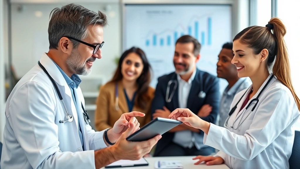 Healthcare entrepreneur reviewing business metrics on tablet while meeting with diverse care team members in professional office environment, demonstrating operational management and team leadership