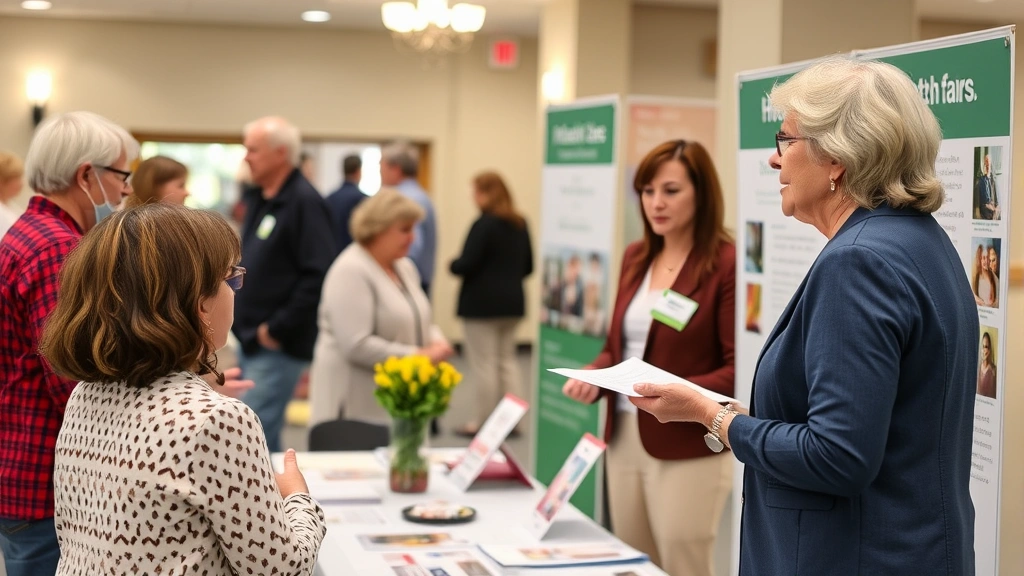 Successful home health care agency owner speaking at community health fair with informational booth, engaging with seniors and families, showing business growth and community engagement