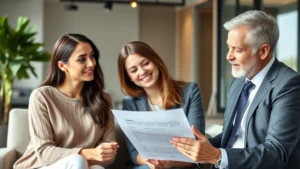 Professional financial advisor meeting with young couple reviewing investment portfolio and retirement planning documents in modern office setting, natural lighting, focused expressions