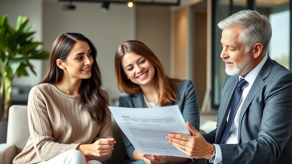 Professional financial advisor meeting with young couple reviewing investment portfolio and retirement planning documents in modern office setting, natural lighting, focused expressions