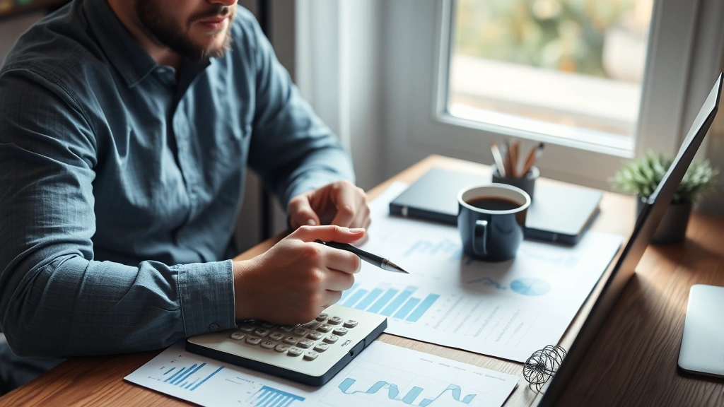 Person studying financial charts and investment documents at home desk with calculator, coffee cup, and notebook, natural daylight through window, determined focused posture
