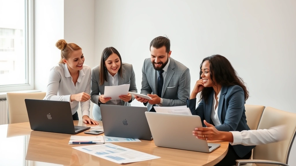 Diverse group of professionals in business casual attire discussing wealth strategies at conference table with laptops and financial reports, collaborative positive atmosphere