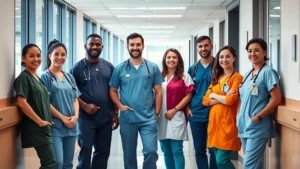 Professional healthcare team in modern hospital corridor wearing scrubs, diverse medical professionals collaborating, natural lighting through windows, contemporary medical facility architecture, confident and focused expressions