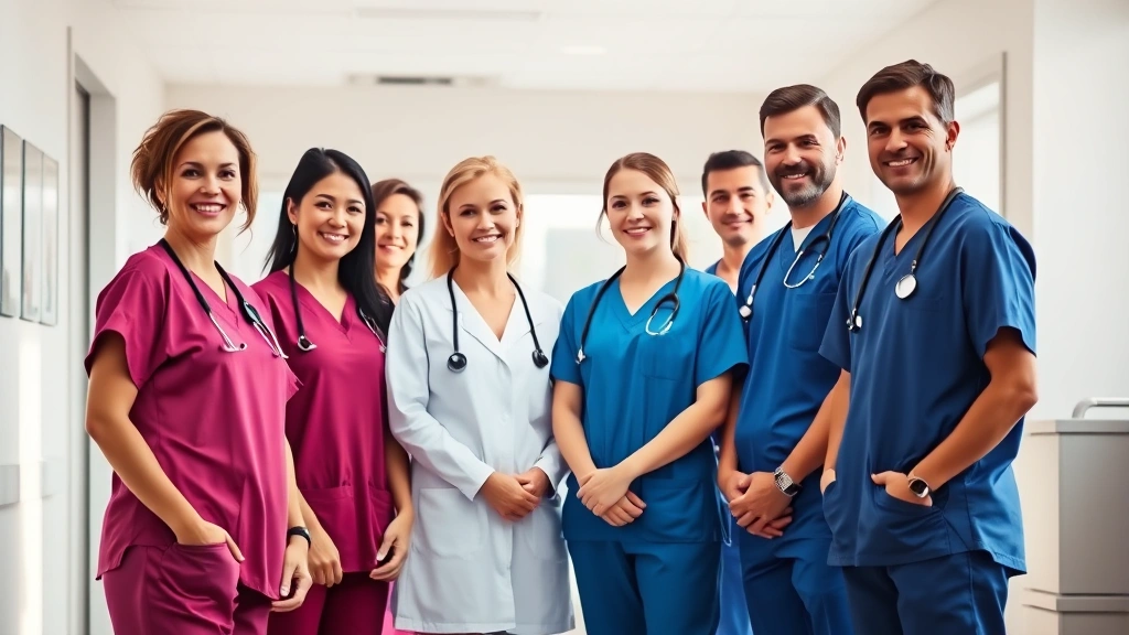 Professional healthcare team in modern hospital setting wearing scrubs and stethoscopes, diverse group of nurses and doctors collaborating in bright clinical environment, warm natural lighting