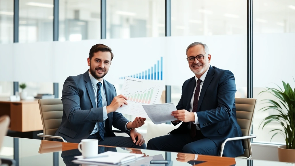 Professional financial advisor meeting with client at modern office desk, reviewing investment portfolio documents and growth charts, natural lighting, both wearing business attire, confident expressions