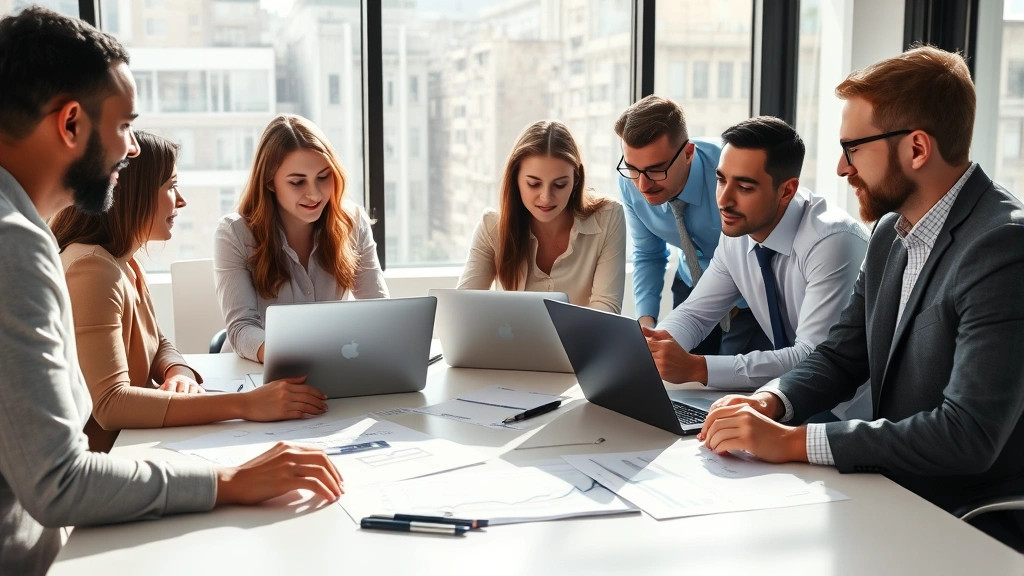 Diverse group of professionals collaborating around conference table with laptops and financial documents, modern office environment, sunlight through windows, discussing investment strategies