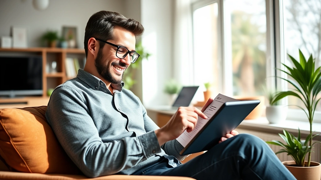 Successful professional reviewing financial goals and investment statements on tablet device while sitting in comfortable modern home office, natural morning light, relaxed confidence